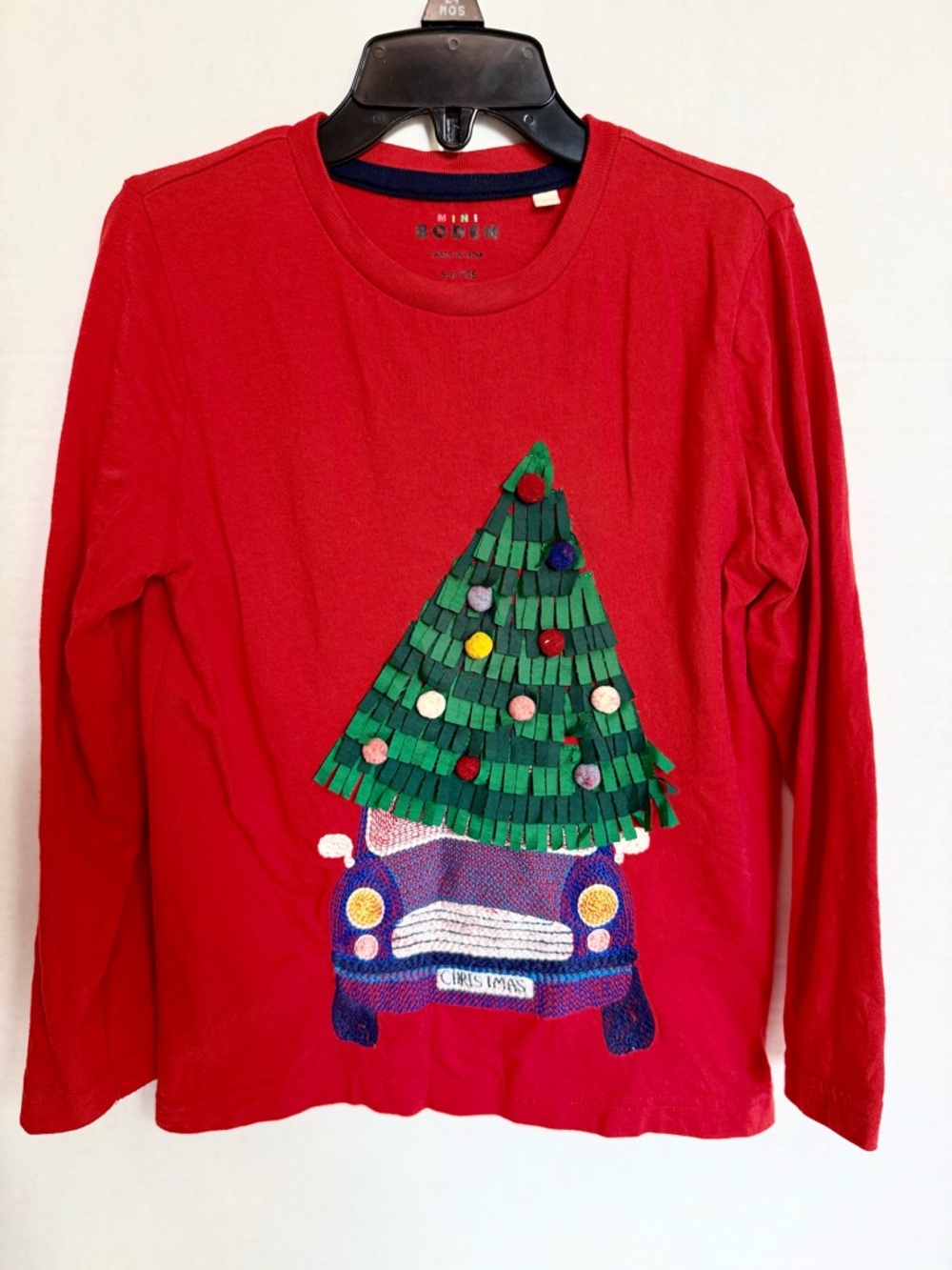 Mini Boden Red Long-Sleeve Tee with Christmas Tree Like New